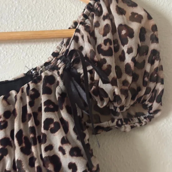 Vibe Sportwear Leopard Print Mesh Sheer Babydol Y2K Puff Sleeve Blouse Medium - Image 5