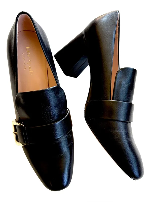 EUC Kate Spade Leather Alia Heels Black Silver Buckle Size 6.5 - Image 3