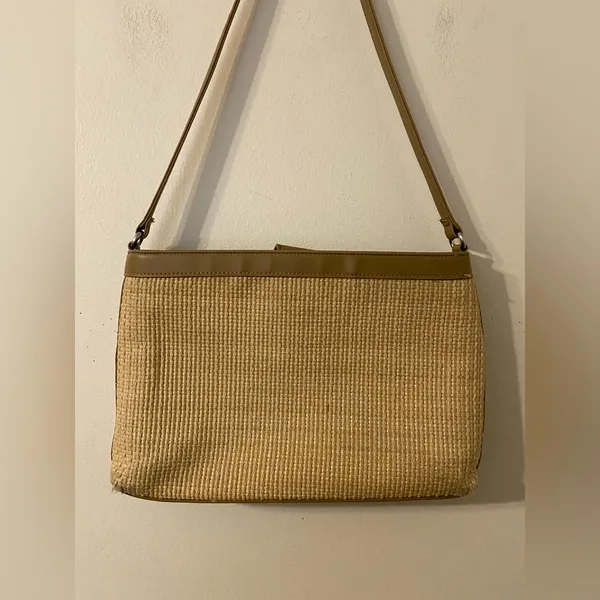 VTG Fossil Woven Straw and Leather Shoulder Bag 75082 Beige Tan Pink Plaid Lined - Image 2