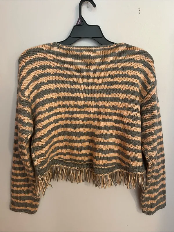 Storia Striped Fringe-Hem Cropped Sweater - Taupe & Gray - Image 2