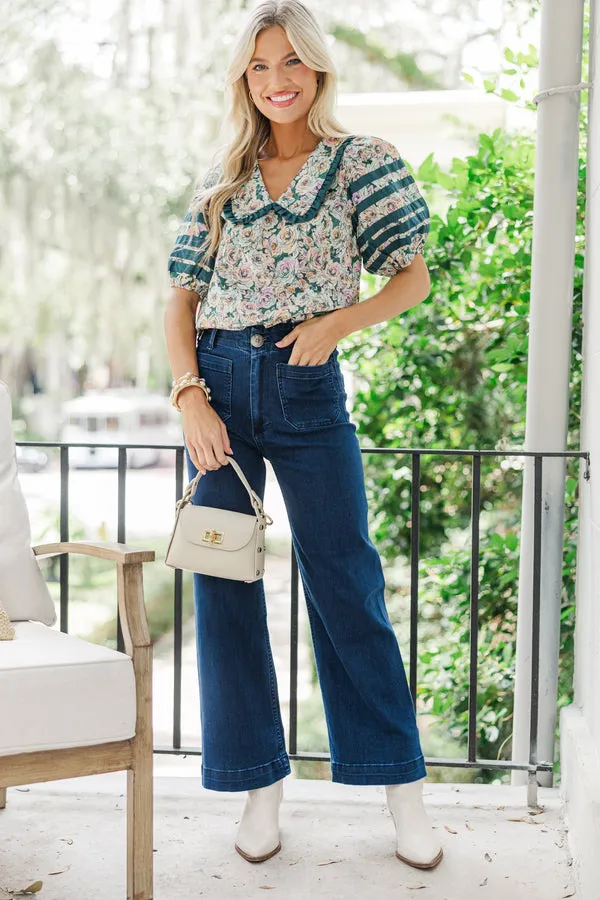 Entro Floral Detail Puff Sleeve V-Neck Peter Pan Collar Blouse Hunter Green Multi - Image 2