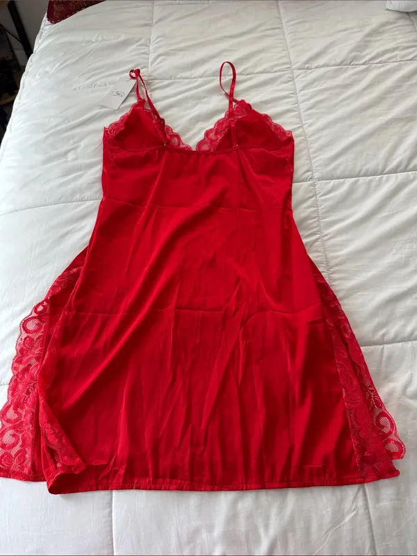 Silky Red Lace-Trim Chemise with Adjustable Straps - Image 2