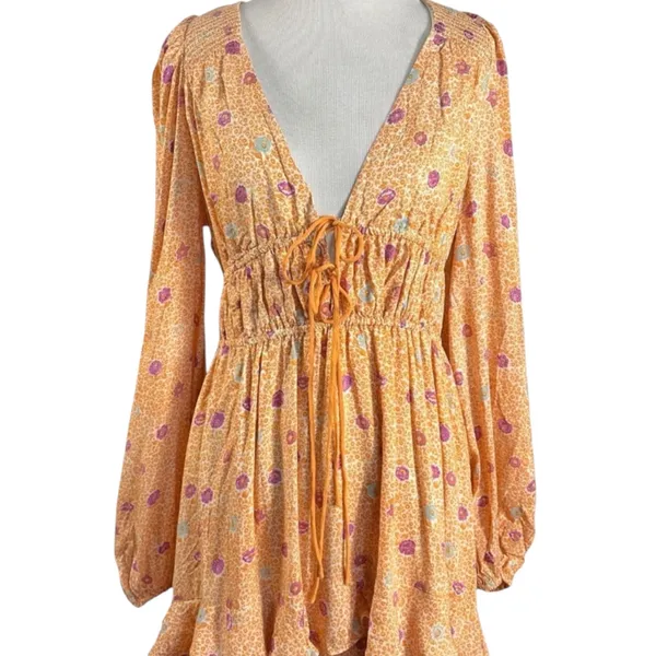 Free People Bohemian Gypsy Tiered Ruffle Maxi Dress Size Large Plunge Billowy - Image 9