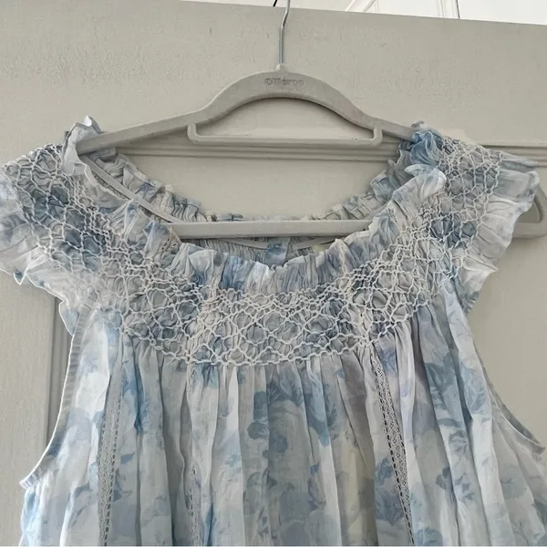 LOVESHACKFANCY Finchley Smocked Mini Dress Blouse Size Petite in Slate Blue NWT - Image 5