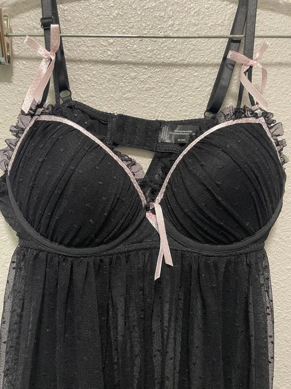 Black & Pink Lace-Trim Babydoll Chemise with Underwire Support - Image 5