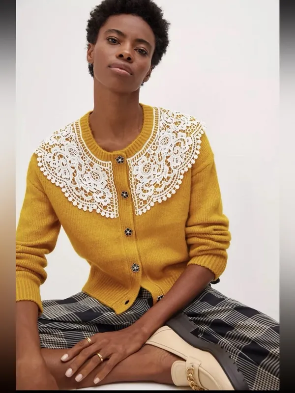 RARE Anthropologie Maeve Mustard Yellow Lace Collar Cardigan Sweater Size M - Image 3