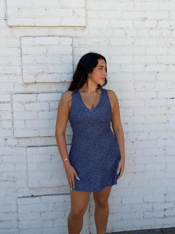 NWOT Abercrombie YPB Sculpt Lux Mini tennis workout Dress Sz L Navy blue with white polka dots #y2k - Image 4