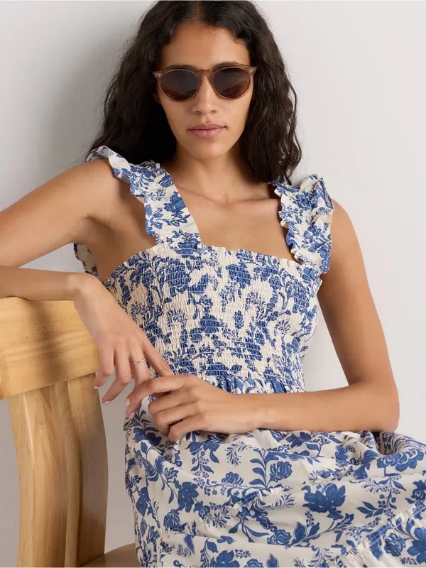 Quince Riviera Blue Heirloom Floral Cotton Poplin Smocked Tiered Midi Dress L - Image 3