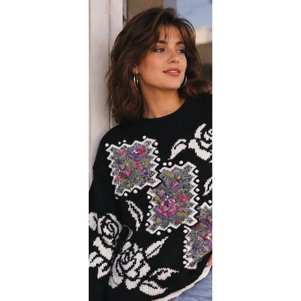 Vtg 90s Grandma Sweater L Black‎ Floral Ramie Cotton Textured Patchwork Cottage - Image 16