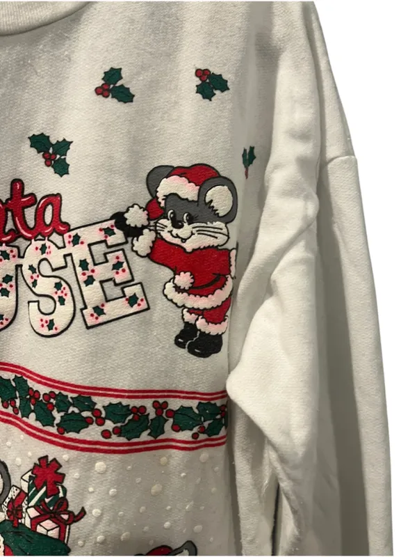 Vtg 90s Santa Mouse Christmas Sweatshirt Crewneck White Grannycore Ugly XL Mice - Image 4