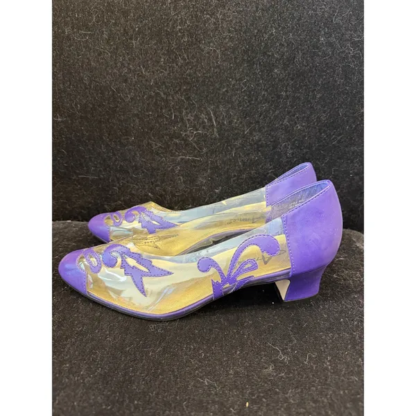 Annie Purple Clear Vinyl Scroll Embroidery Low Block Heel Pumps Womens‎ 7.5W - Image 3