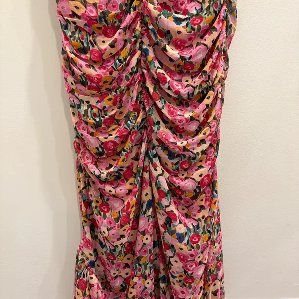 ASTR The Label Vilma Floral Ruched Ruffle Midi Dress‎ Pink Multi Large Preppy - Image 10
