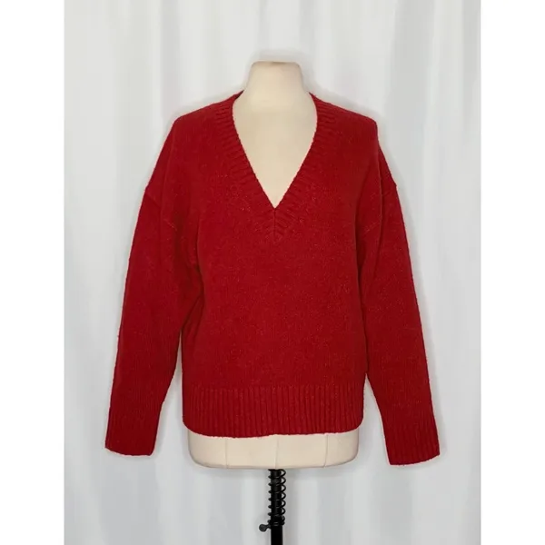 J. CREW Relaxed V Neck Pullover Sweater‎ Solid Red Merino Wool Alpaca Medium - Image 2