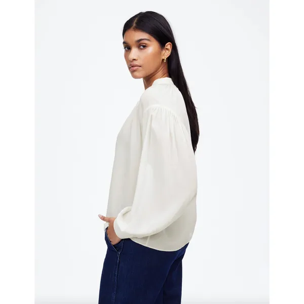 Madewell Shirred Long Sleeve Top Blouse Silk Lightweight Winter White Medium NWT - Image 2