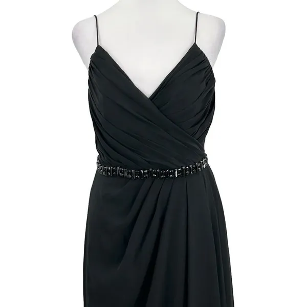 Lillian’s V Neck Faux Wrap Beaded Banding Waist Black Formal Dress Gown Size 6 - Image 2