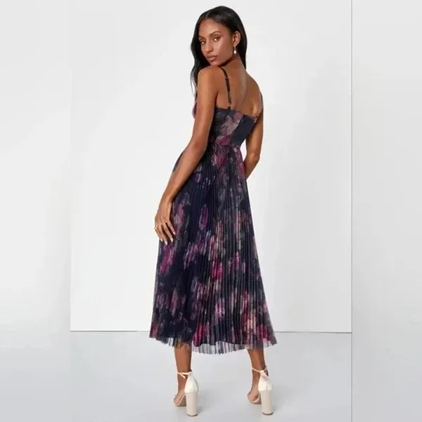 Lulus Alluring Invite Midnight Blue Floral Pleated Bustier Sleeveless Midi Dress - Image 5