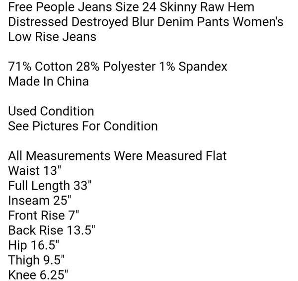 Free People Jeans Size 24 Skinny Raw Hem Distressed Destroyed Blur Denim Pants Women's Low Rise Jeans - Image 7