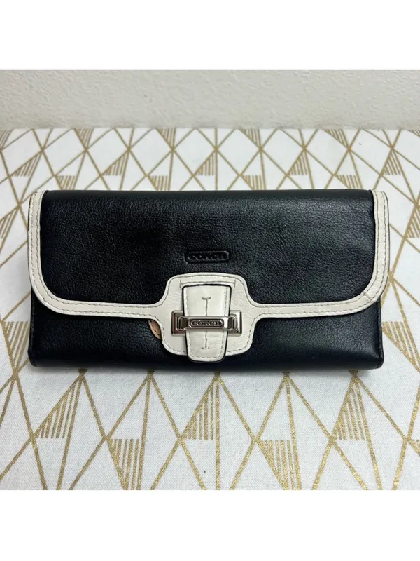Coach Black Leather Wallet with White Trim and Buckle - Image 2