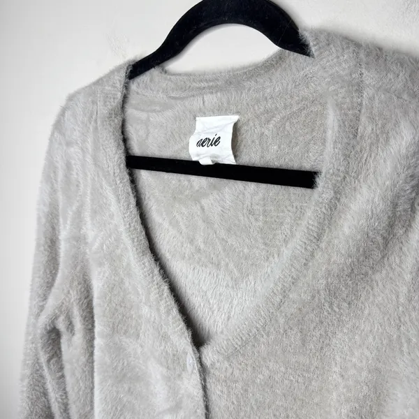 Aerie Fuzzy‎ Cropped Cardigan Stone Deep V-Neck Button Front Small Soft #2926 - Image 6