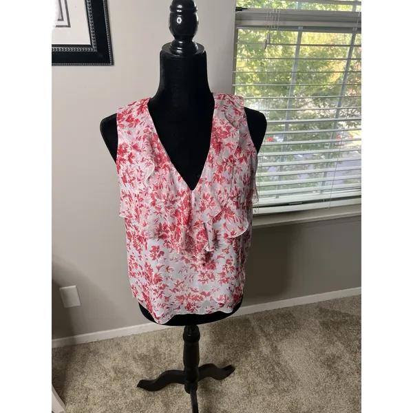 Intermix Red White Floral Silk‎ Ruffle Sleeveless Blouse Top Size Small - Image 7
