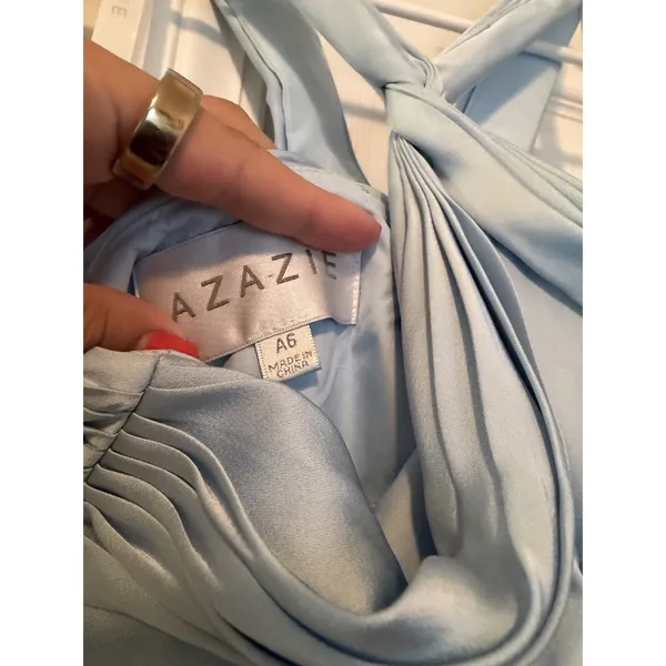 Azazie Rue Sky Blue Mermaid Pleated Metallic Satin Dress A6 Size 6 New with Tags - Image 12