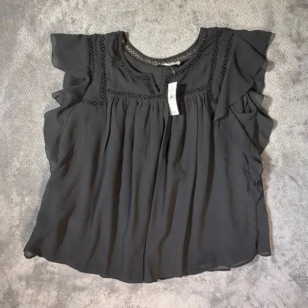 LOFT Small Charcoal Gray Ruffle Sleeve Lace Trim Blouse Business Office NEW - Image 2