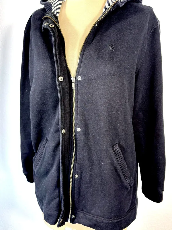 Lauren Ralph Lauren Womens XL Black Cotton Hooded Jacket Full Zip Snap Y2K - Image 8