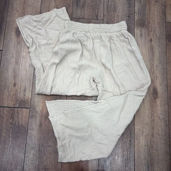 Magaschoni Organic Cotton Gauze Pants Womens S Beige Wide Leg Drawstring Coastal - Image 4