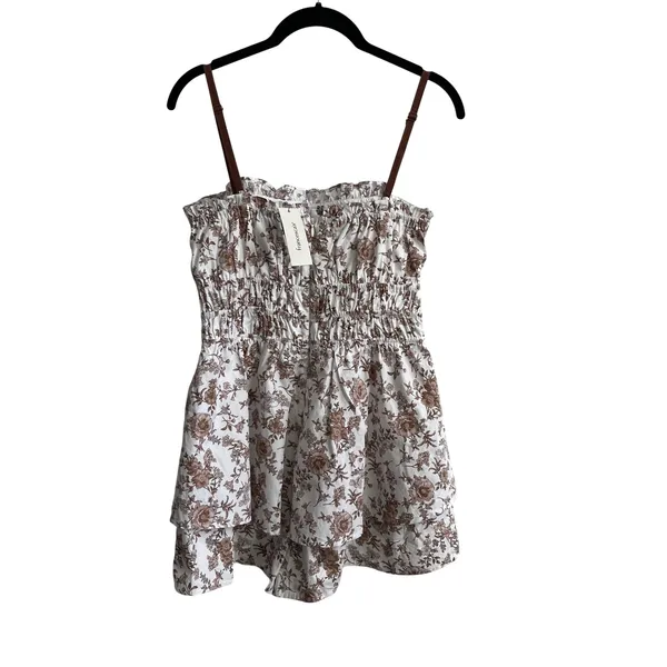 Francesca's Floral Romper Womens Medium White Brown Cottagecore Tiered‎ Ruffle - Image 3