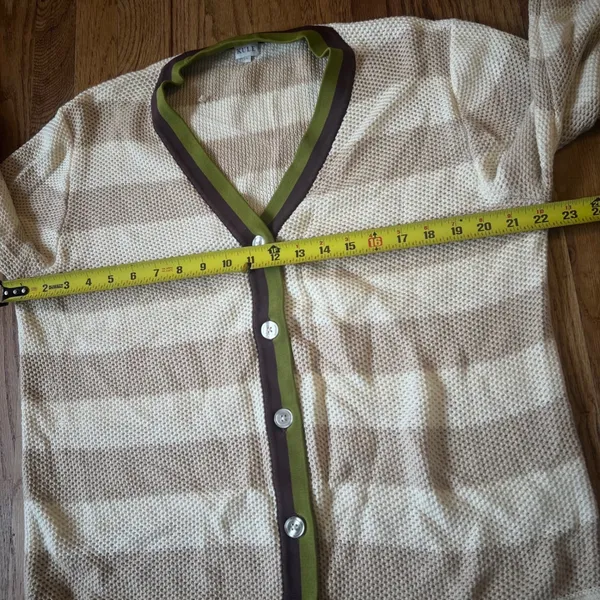 Kule Striped Cardigan Sweater Cream Tan Green Brown Trim V-Neck Size L - Image 4
