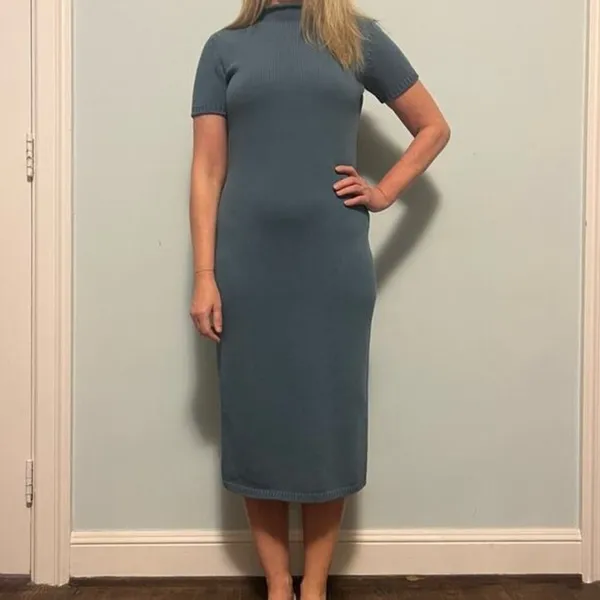 Ralph‎ Lauren Purple Label Knit Blue Mock Neck Sweater Midi Dress - Image 6