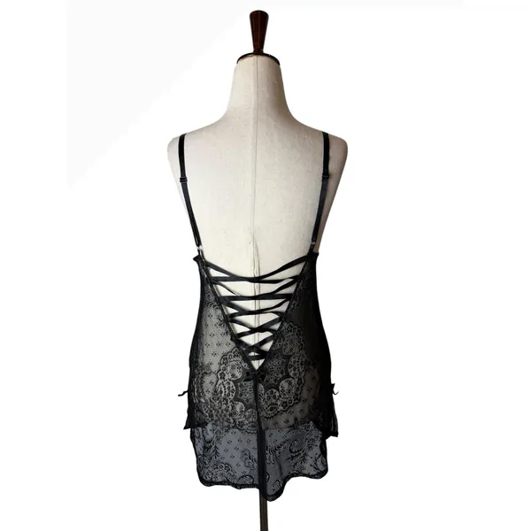 Victoria's Secret Chemise Women Medium Black Sheer Lace Corset Back Coquette - Image 4