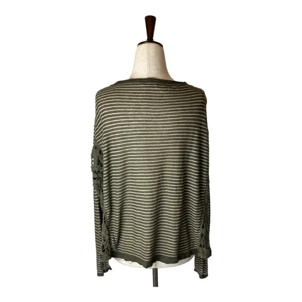 Free People Olive Green Stripe Crochet Sides Linen Blend Long Sleeve Top Size XS - Image 4