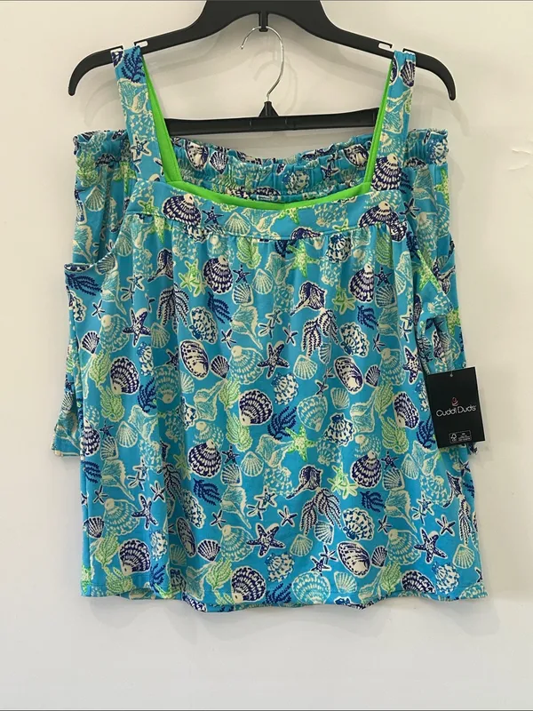 Cuddl Duds Pajama Set Cozy 2pc Tank Top Shorts NEW Blue Seashells Large - Image 2