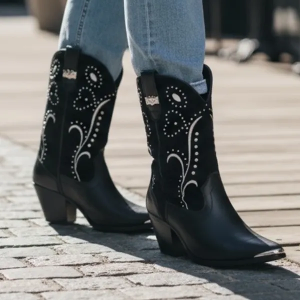 VINTAGE DINGO Embellished Silver Leather‎ Cowboy Black Heeled Boots 9 A29 - Image 2