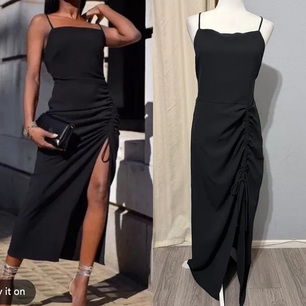 New Material Girl Midi Dress L Caviar Black Ruched Side Slit Cocktail Prom Edgy - Image 2