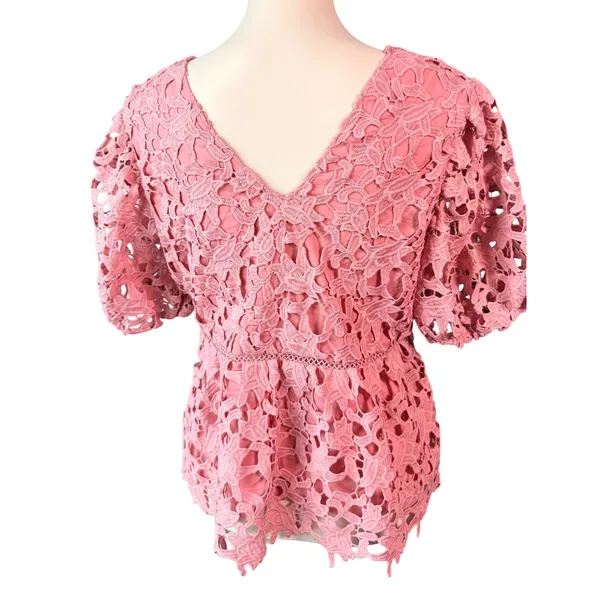 Endless Rose Womens L Coral Floral Lace Peplum Blouse V Neck Puff Sleeve Lined - Image 4