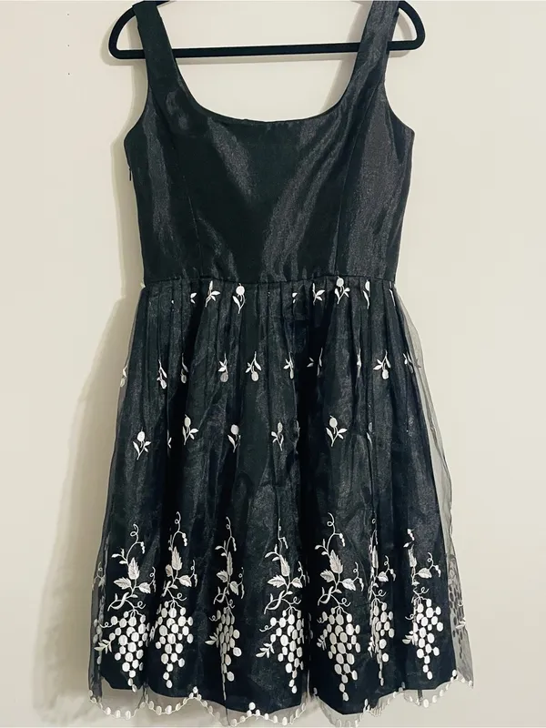 Vintage ABS Allen Swartz Floral Embroidered Chiffon Flare Dress 8 Formal Grunge - Image 9