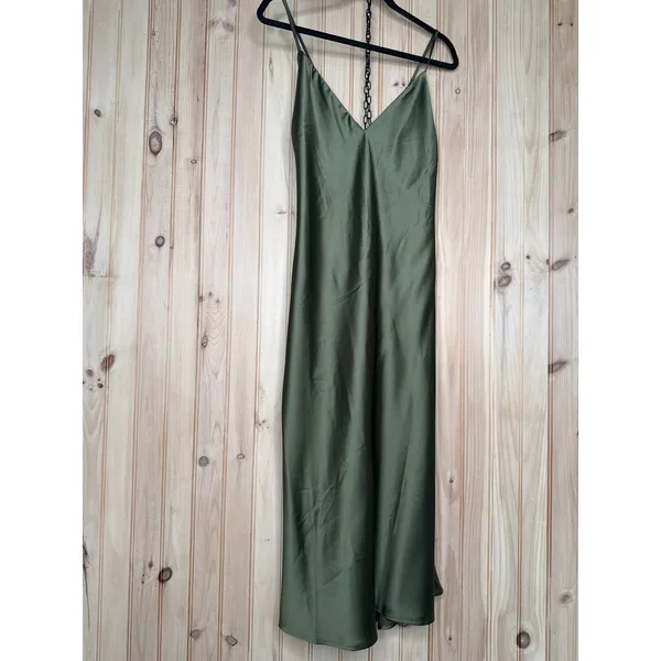 Lulus Exquisitely Chic Olive Green Satin Backless Slip Midi Dress Wedding Small - Image 2
