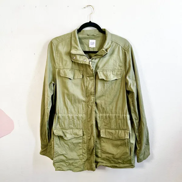 Gap Green Utility Jacket Women's Large Full Zip Button‎ Pockets Cotton Casual - Image 2