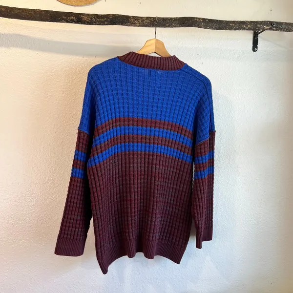 BDG Max Waffle Blue Burgundy Chunky Oversized Knit Sweater Size XS - Image 4