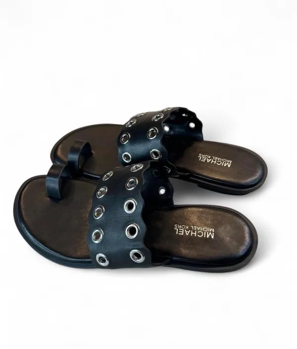 Michael Kors Patty Flat Thong Sandals leather Grommet silver toe ring black - Image 4