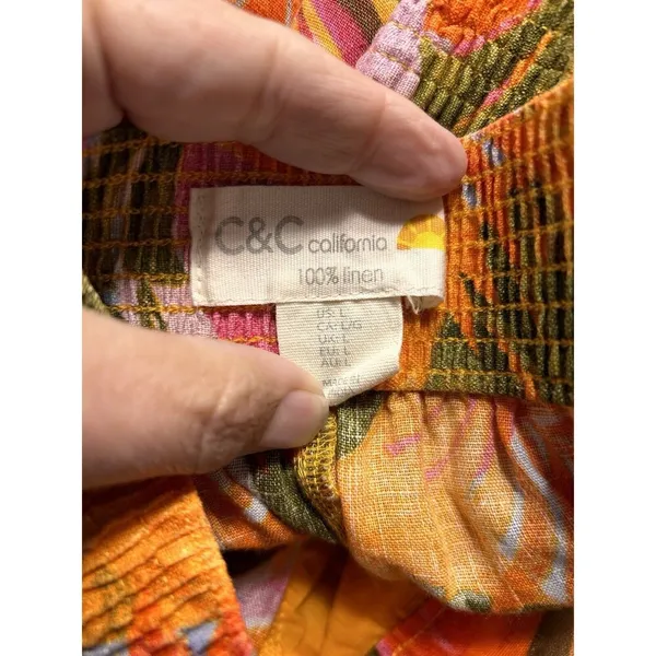 Women Linen Pants Wide Leg Orange Tropical Multi Color C&C California Size Large - Image 2