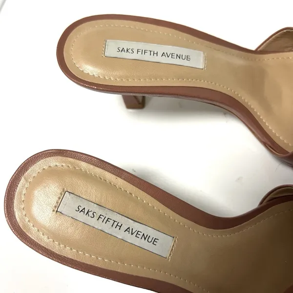 Saks Fifth Avenue Leather Kitten Heel Sandals Mule Square Toe Brown Women’s 5.5 - Image 5