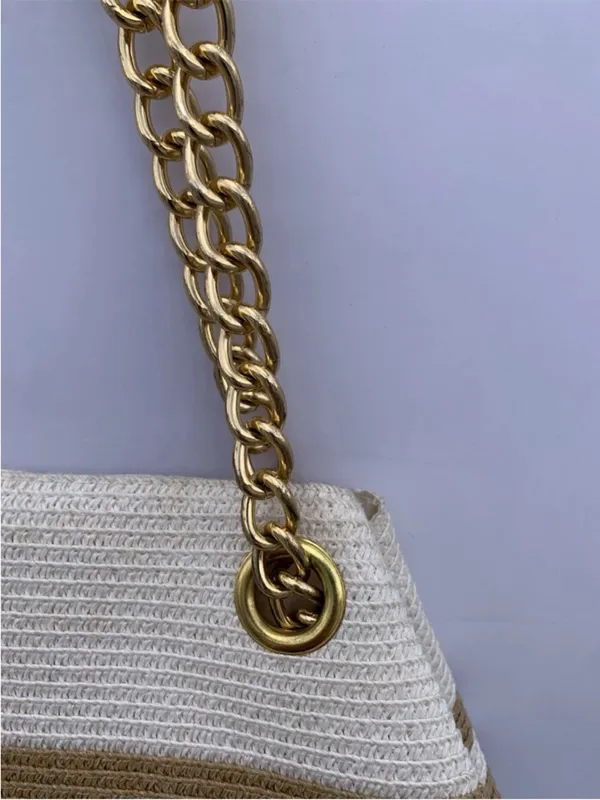 Straw Beach Tote Bag Woven Raffia White Tan Gold Chain Coastal Resort Purse - Image 5