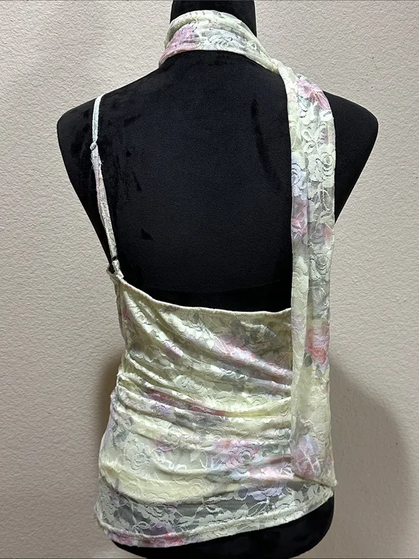 Cider Asymmetrical Lace Cowl Neck Top - Pale Yellow Floral - Image 3