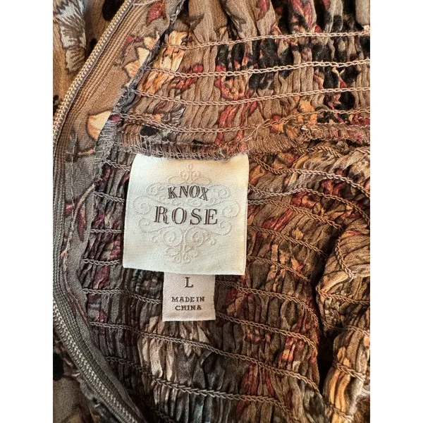 Knox Rose Floral Ruffle Smocked Yoke Top Taupe Black Floral Velvet Romantic Sz L - Image 6