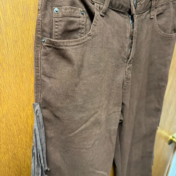 NEW Oyrosy Vintage Western Fringe Flared Jeans Brown Small - Image 5