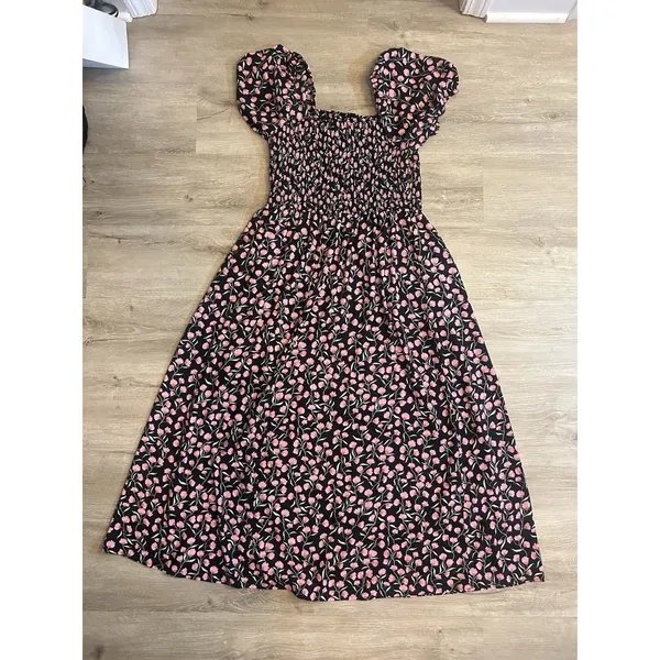 BTFBM Floral Smocked Cottagecore Maxi Dress Puff Sleeve Black Pink Large - Image 10