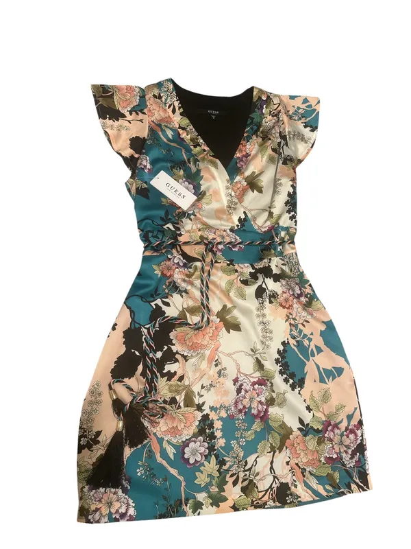 GUESS Floral Satin Faux Wrap Dress Size M NWT Flutter Sleeve Tassel Belt - Image 2